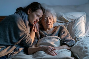 Fototapeta premium Caring woman comforts an elderly patient in bed at night, showing family caregiving, illness, support, and compassionate elder care at home.