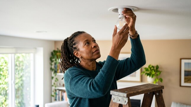 Person changing light bulb in modern home environment residential maintenance concept natural light safety repair routine domestic lifestyle.