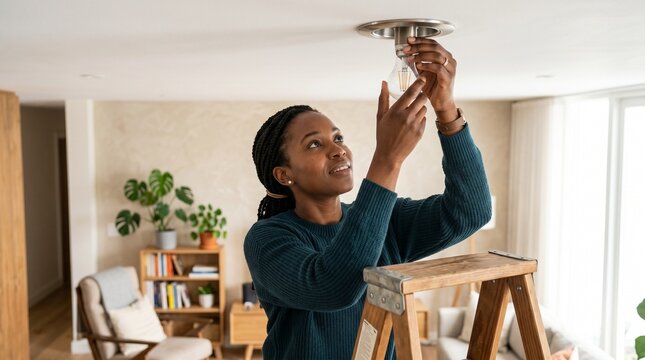 Person changing light bulb in modern home environment residential maintenance concept natural light safety repair routine domestic lifestyle.