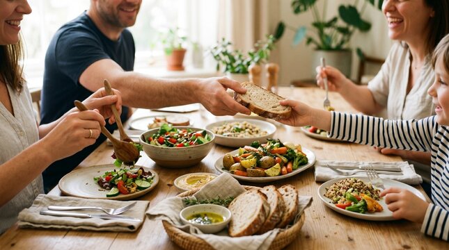 Table with fresh foods shared among family members warm atmosphere cozy dining connection togetherness home lifestyle concept.