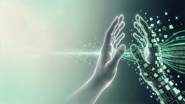 Abstract Human Data Interaction Concept with Light Wireframe Hand and Digital Twin Reflection of Mint Green Code Filaments with Copy Space