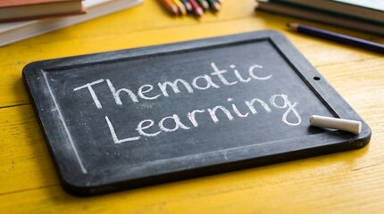 Obraz premium Thematic Learning text on vintage chalkboard, educational concept on yellow wooden desk, school supplies and chalk on blackboard