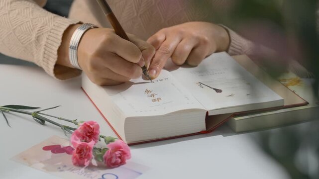 Woman writing in journal with fountain pen and pink flowers