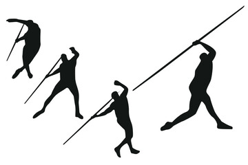 Naklejka premium Set of black silhouettes of athletes throwing javelins in various sports poses with track and field throwing silhouette competition athletic exercise activity movement training performance