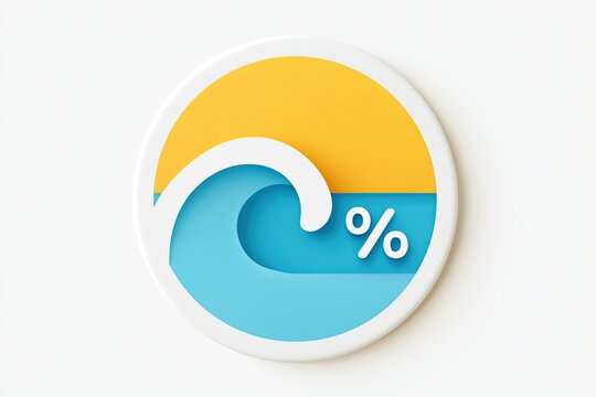 Round summer discount badge featuring a stylized wave and percentage symbol against a bright yellow and blue background, ideal for promotional use
