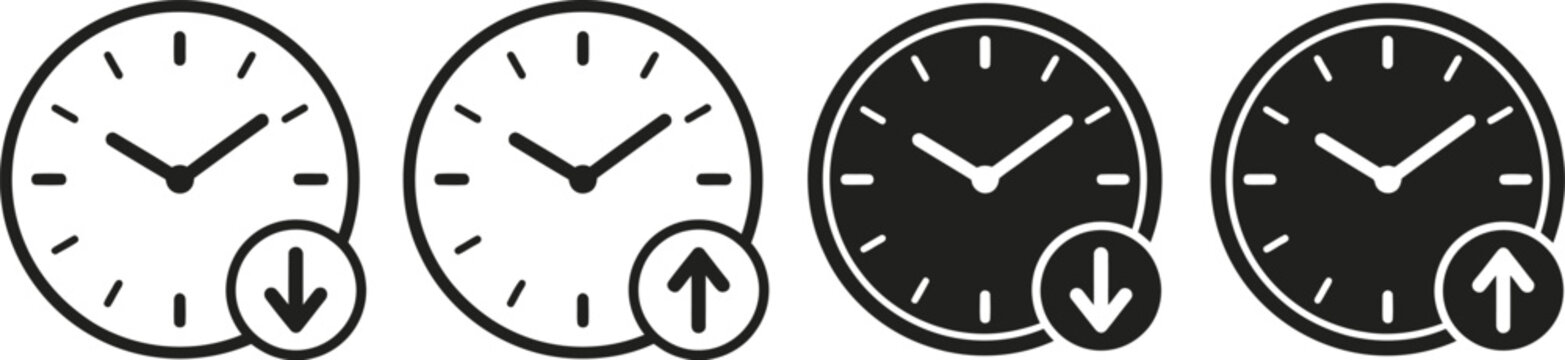Clock icons set time adjustment increase decrease silhouette isolated on transparent background
