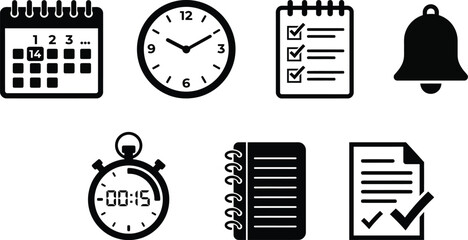Fototapeta premium Time management icons set silhouette calendar clock checklist and notification isolated on transparent background