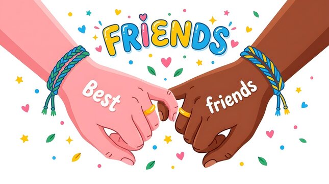 Friendship illustration with arms embracing and colorful decorative elements on white background