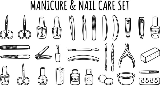 Doodle manicure equipment. Nail manicure tools, scissors, nail polish, tweezers and nail file, manicure accessories vector illustration set. Beauty salon, fingernails care and treatment