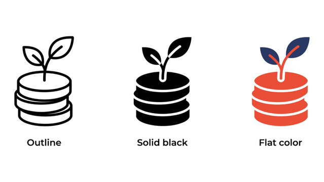 Set of three icons representing financial growth, investment, and savings, featuring a plant growing out of a stack of coins in outline, solid black, and flat color styles