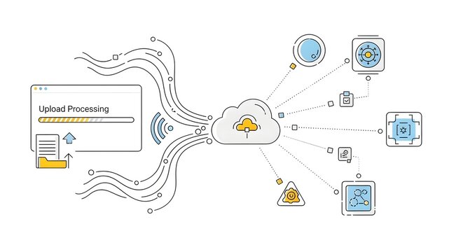 Cloud computing data flow diagram showing secure upload, processing, and distribution to various digital services, optimizing information management and network connectivity