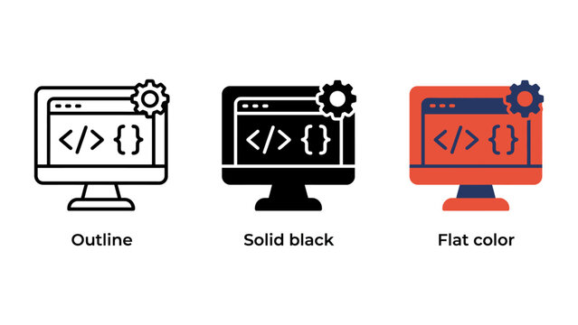 Web development icon set, computer monitor with coding symbols and gear, programming and software engineering concept
