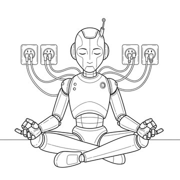 Humanoid Robot Meditating in Lotus Position While Charging from Wall Sockets Line Art Illustration for Mindfulness and AI Concept