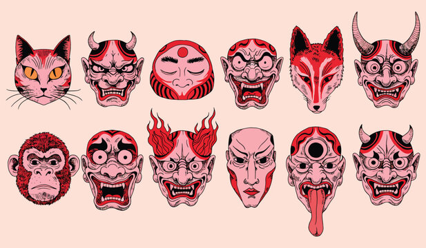Japanese traditional mask set with oni and animal motifs in hand drawn vector illustration style for tattoo flash art and cultural design project aesthetic elements