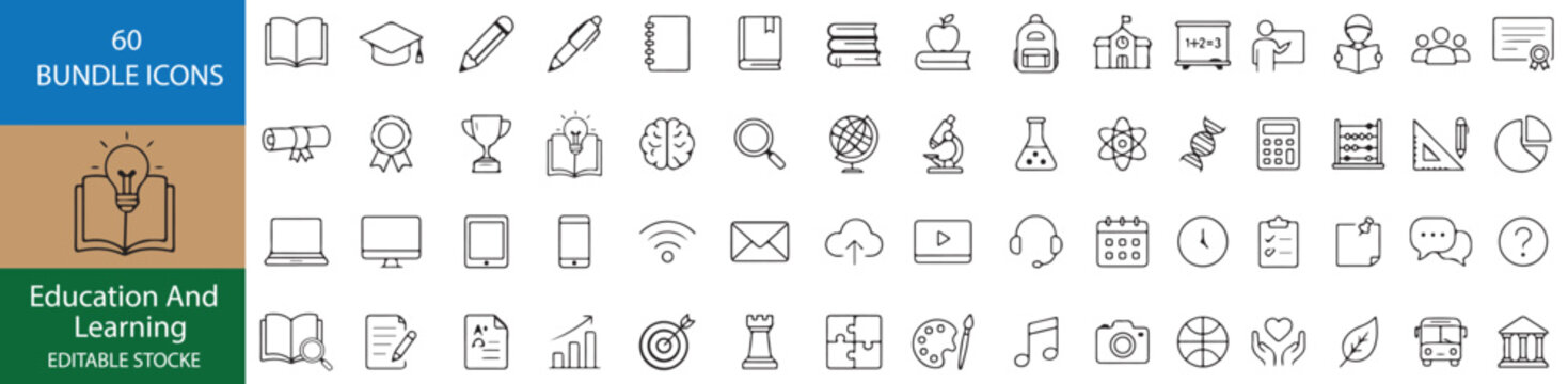 60 Education and Learning Vector Outline Icons Set &ndash; Editable Black Line School, University, Study and E-Learning Symbols Collection for UI UX Design 
