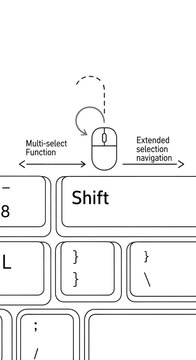 Instructional line art diagram of computer keyboard and mouse for multi-select and extended selection navigation