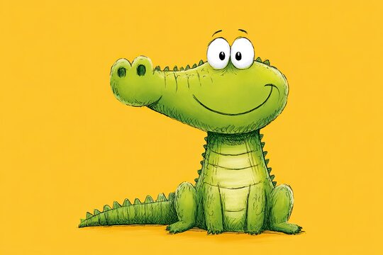 Cute smiling cartoon crocodile character sitting against a bright yellow background, showcasing vibrant colors and playful design elements in an illustration format