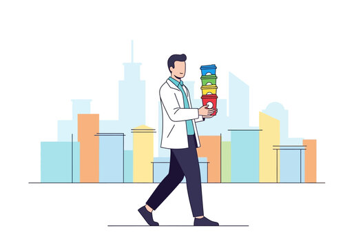 Man walking with colorful bottle.