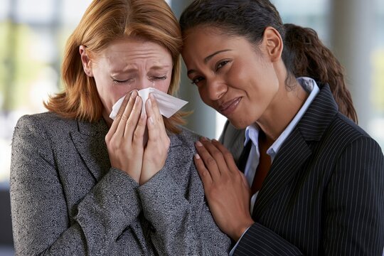 Crying businesswoman with a tissue faces workplace bullying while a smirking coworker offers fake comfort in an office setting.