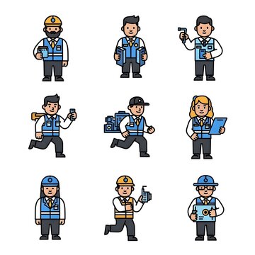 Vector icons of diverse industrial workers, engineers, safety inspectors, and technicians in various poses, ideal for occupational and workplace illustrations