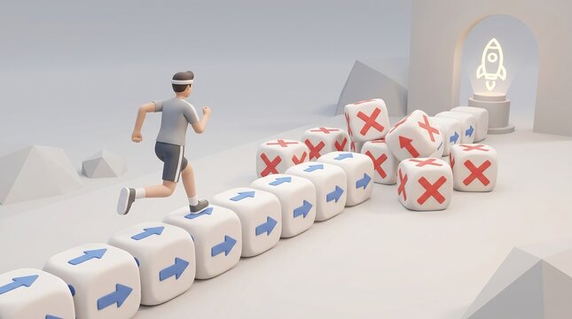 Business career path concept with 3D character running on arrow blocks, startup rocket goal achievement, overcoming obstacles and wrong directions