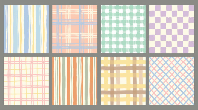 Hand-drawn pastel plaid pattern collection, set of 8 seamless checkered vector backgrounds, soft watercolor gingham and striped textures for textile design