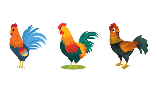Three stylized colorful roosters standing side by side isolated on a white background with animal themed cockerel illustration colorful