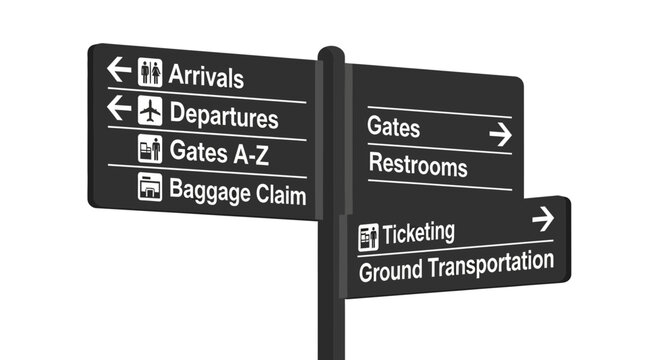Airport terminal signpost with arrivals departures gates and baggage claim directions
