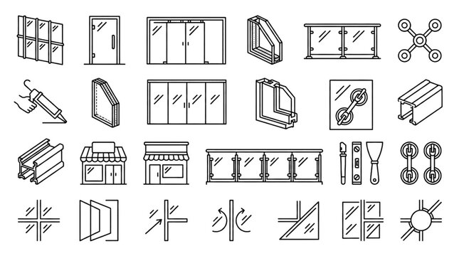 Glazing and Glass Installation Line Icon Set with Curtain Wall Frameless Door Double Glazing and Architectural Outline Symbols
