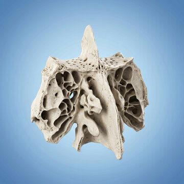 Detailed anatomical render of a human ethmoid bone isolated against a smooth gradient light blue background showcasing the intricate porous structure and delicate bony plates of the cranial skull base