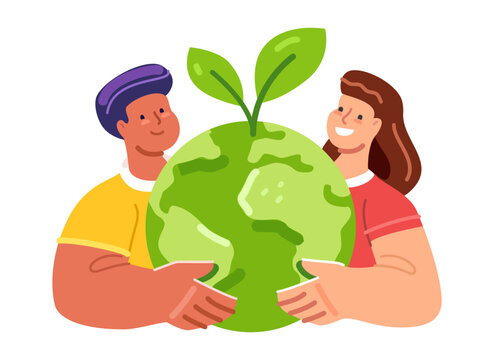 People holding green earth with plant for ecology and environmental protection. Flat vector illustration