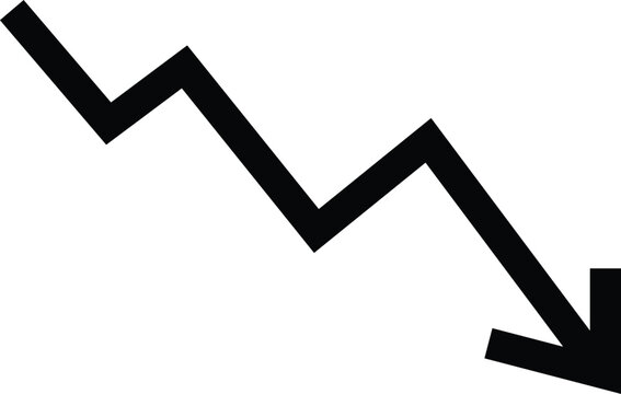 A black downward trending zigzag arrow representing financial loss, market decline, or negative growth on a white background