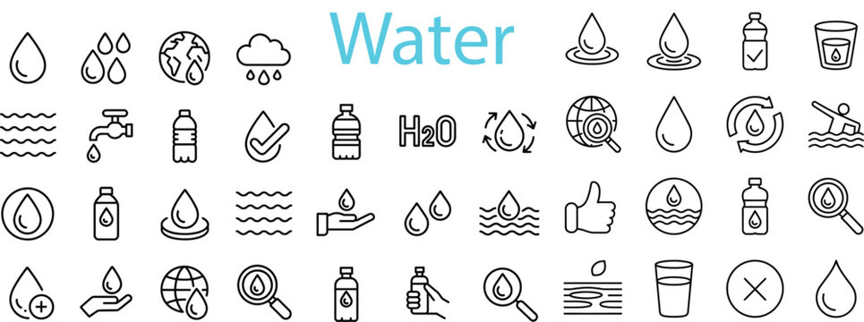 Water icons set showing various drinking and nature themes