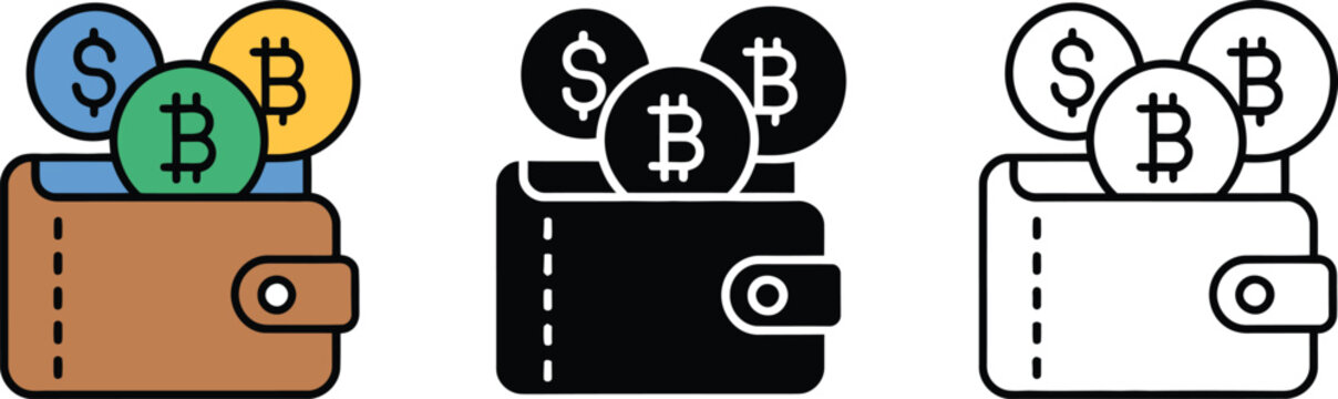 Colorful cryptocurrency wallet icons with bitcoin symbols in silhouette style on white background