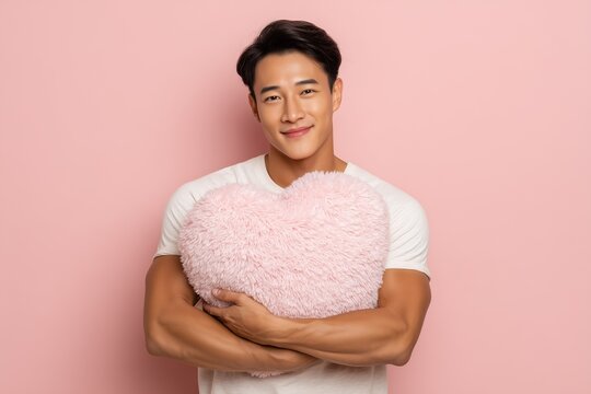 Man holding heart shaped pillow on pink background