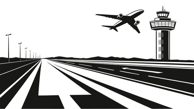 Airport runway with airplane taking off and control tower