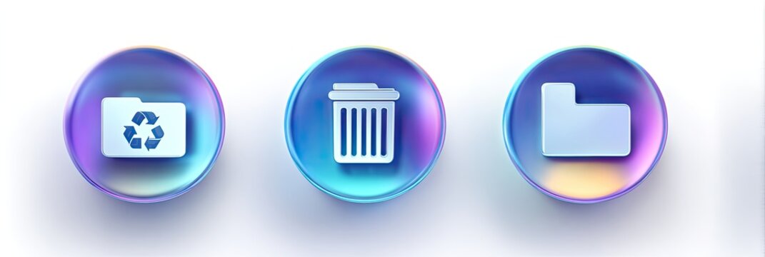 Three Glass Icons Representing Digital File Management and Deletion.