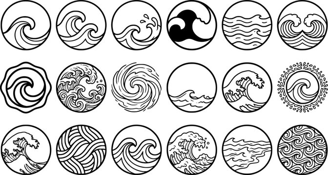 Set of Ocean Wave Circle Icons and Sea Water Symbols, Surf Wave, Tidal Swirl, Abstract Marine Logo and Coastal Vector Collection