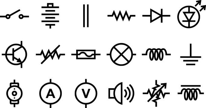 Set of Electrical Circuit Symbols and Electronic Component Icons, Resistor, Diode, Capacitor, Inductor, Ground, Ammeter and Voltmeter Vector Collection