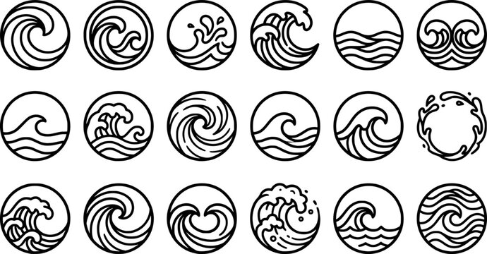 Set of Ocean Wave Circle Icons and Sea Water Symbols, Surf Wave, Tidal Swirl, Abstract Marine Logo and Coastal Vector Collection
