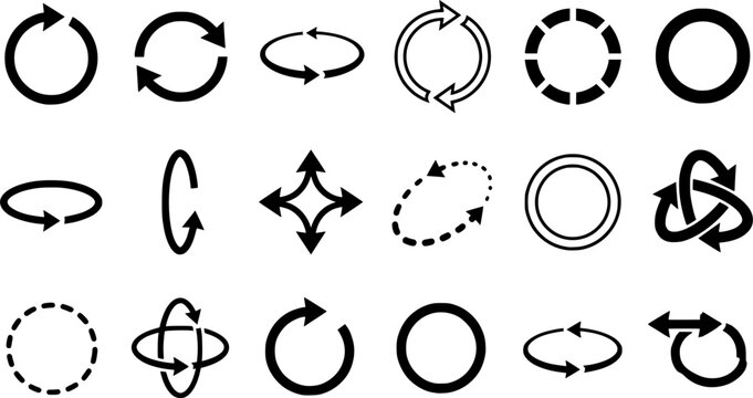 Set of Circular Arrow Icons and Rotation Symbols, Refresh, Reload, Cycle, Loop and Direction Movement Vector Collection