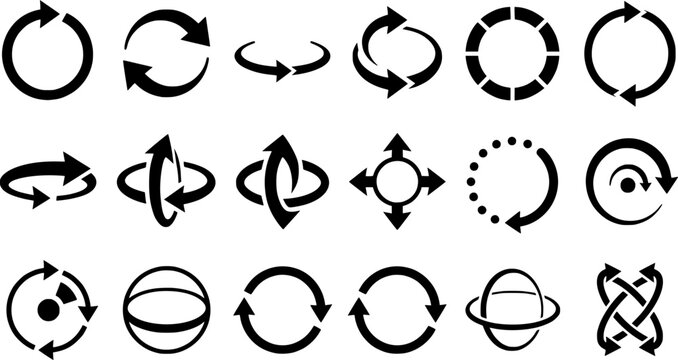 Set of Circular Arrow Icons and Rotation Symbols, Refresh, Reload, Cycle, Loop and Direction Movement Vector Collection