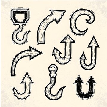 Vintage hand drawn hook and arrow icons set in engraving style
