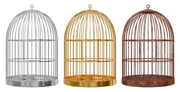 Empty domed metal birdcages featuring shiny silver, polished gold and weathered rusty finishes. Isolated 3D render.