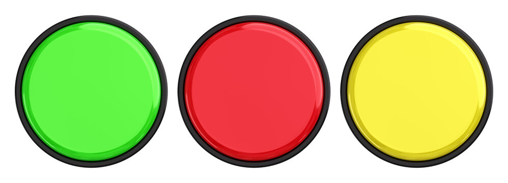 Top view of Round 3D rendered push buttons in green red and yellow for user interface design. Isolated 3D rendering.