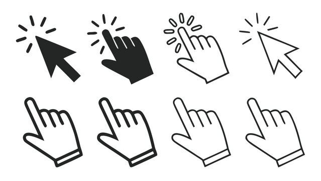 Set of computer mouse cursor icons, hand pointer and arrow click symbols