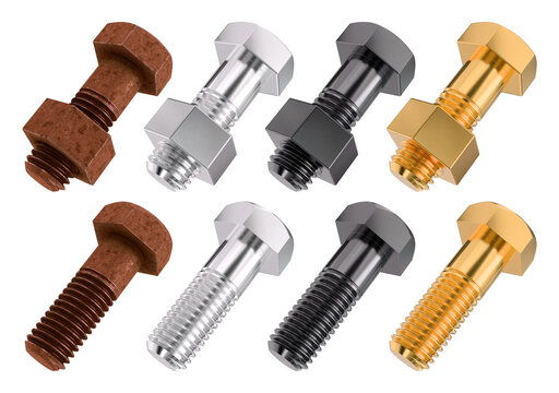 3D Rendered Set of Hex Bolts and Nuts in Silver Rusty Black and Gold Finishes.