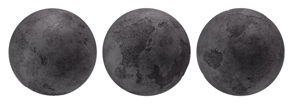 Set of Weathered Black Concrete Spheres. Isolated 3D Rendering.