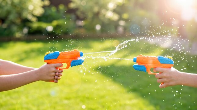 Close Up of Hands Holding Colorful Water Blasters During a Summer Backyard Water Fight
