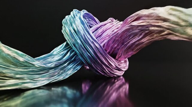 Abstract iridescent holographic ribbons with metallic textured surface flowing in wavy spiral patterns across a dark reflective floor with colorful mirrored light effects.